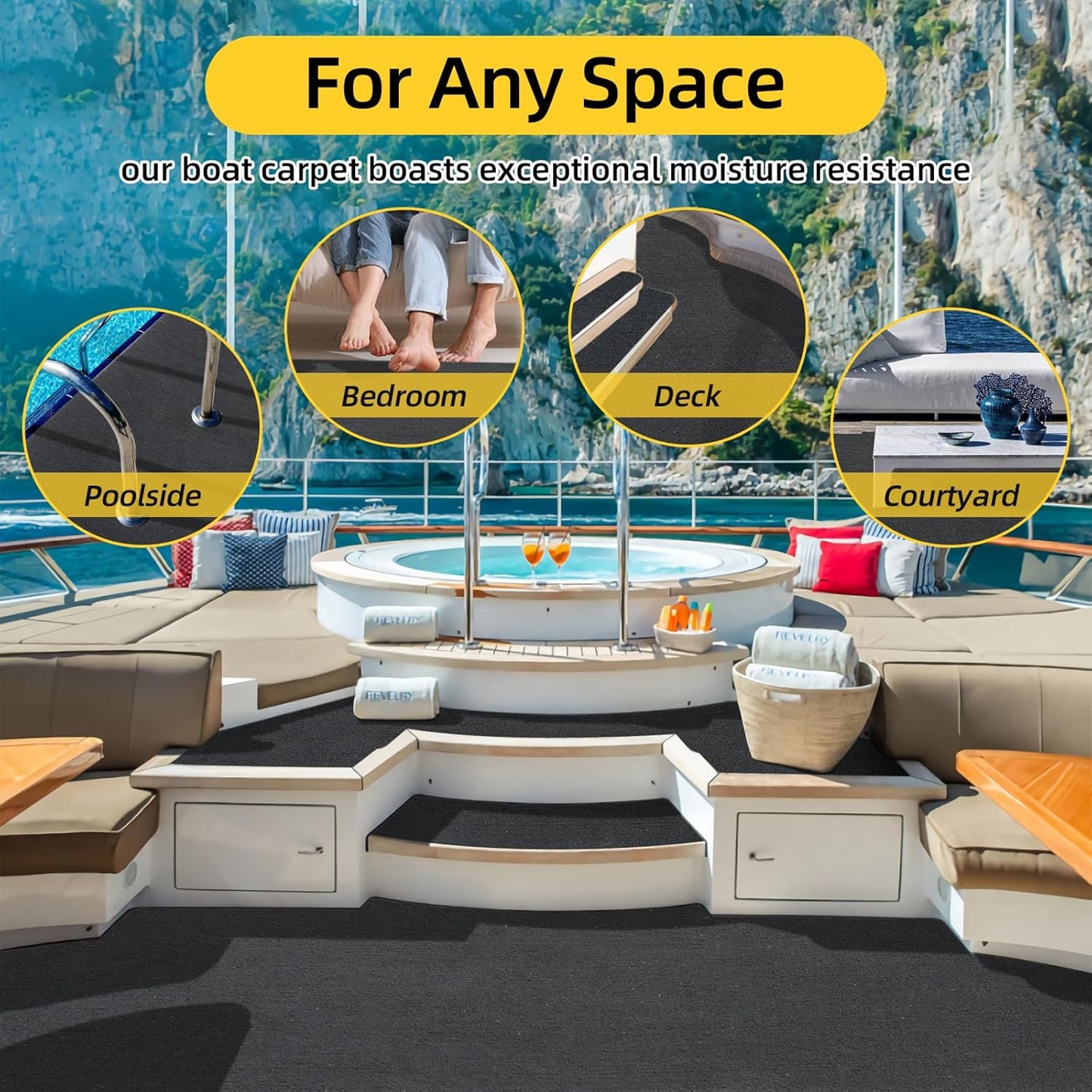 Marine Carpet, 5 FT x 15 FT Black Indoor/Outdoor Rug 0.2" Thick TPE Backed Non-Slip Boat Carpet Roll for Home, Patio, Porch, Deck