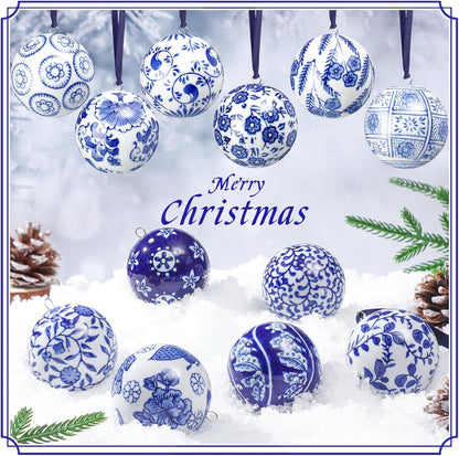 Cindeer 12 Pcs Blue and White Christmas Porcelain Balls 2.4 Inch Porcelain Chinoiserie Ornament Bulk Christmas Ceramic Hanging Decorative for Tree Home Xmas Party (Groovy Style)