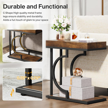 Tribesigns Side Table Set of 2 Narrow C Shaped End Table Modern Bedside Tables for Couch, Small Sofa Chairside Table with Metal Frame for Living Room (2, Brown+Black)