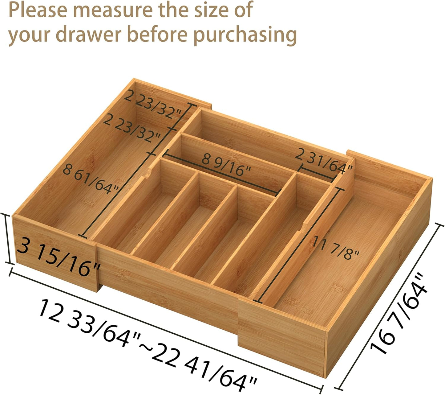 BAMEOS 3.9inch Tall Bamboo Drawer Organizer, Expandable Utensil Holder with 8 Compartments, Adjustable Kitchen Drawer Divider for Flatware, Silverware and Gadgets, Deep Storage for Home and Office