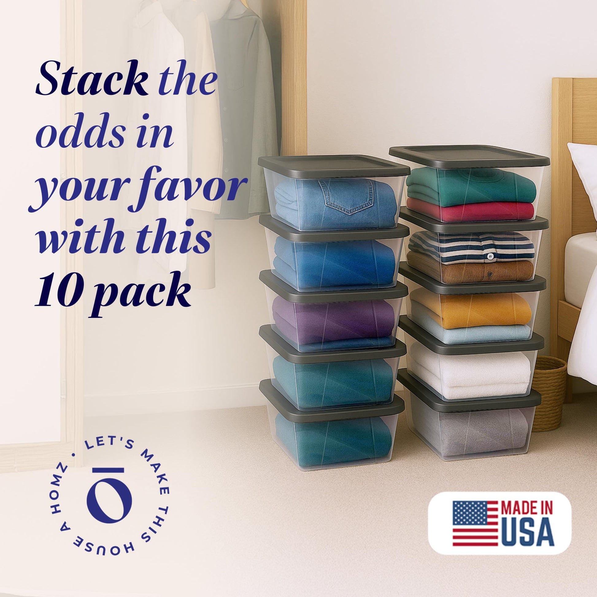 HOMZ 10-Pack Snaplock, Small Clear Plastic Storage Organizer Bins w/Lids, 6 Quart, Gray - Stackable