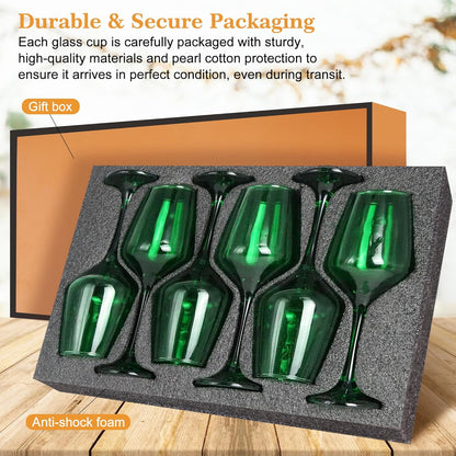 Green Wine Glasses Set of 6-14oz Long Stem Wine Glass, Pretty Crystal Glassware, Hand Blown Goblets Drinkware, Unique Stemware Wine Glass Holiday Gift Set