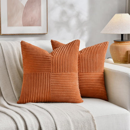 Fancy Homi 2 Packs Orange Euro Decorative Throw Pillow Covers 26x26 Inch for Living Room Couch Bed, Farmhouse Boho Home Decor, Soft Corss Corduroy Patchwork Textured Square Cushion Case 66x66 cm