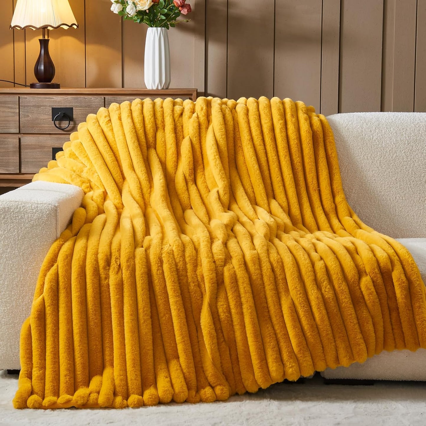 NEWCOSPLAY Faux Fur Throw Blanket Mustard Yellow 3D Ribbed Plush Thick Warm Blanket for Couch Sofa Bed 850GSM (Mustard Yellow Ribbed, Throw(50"x60"))