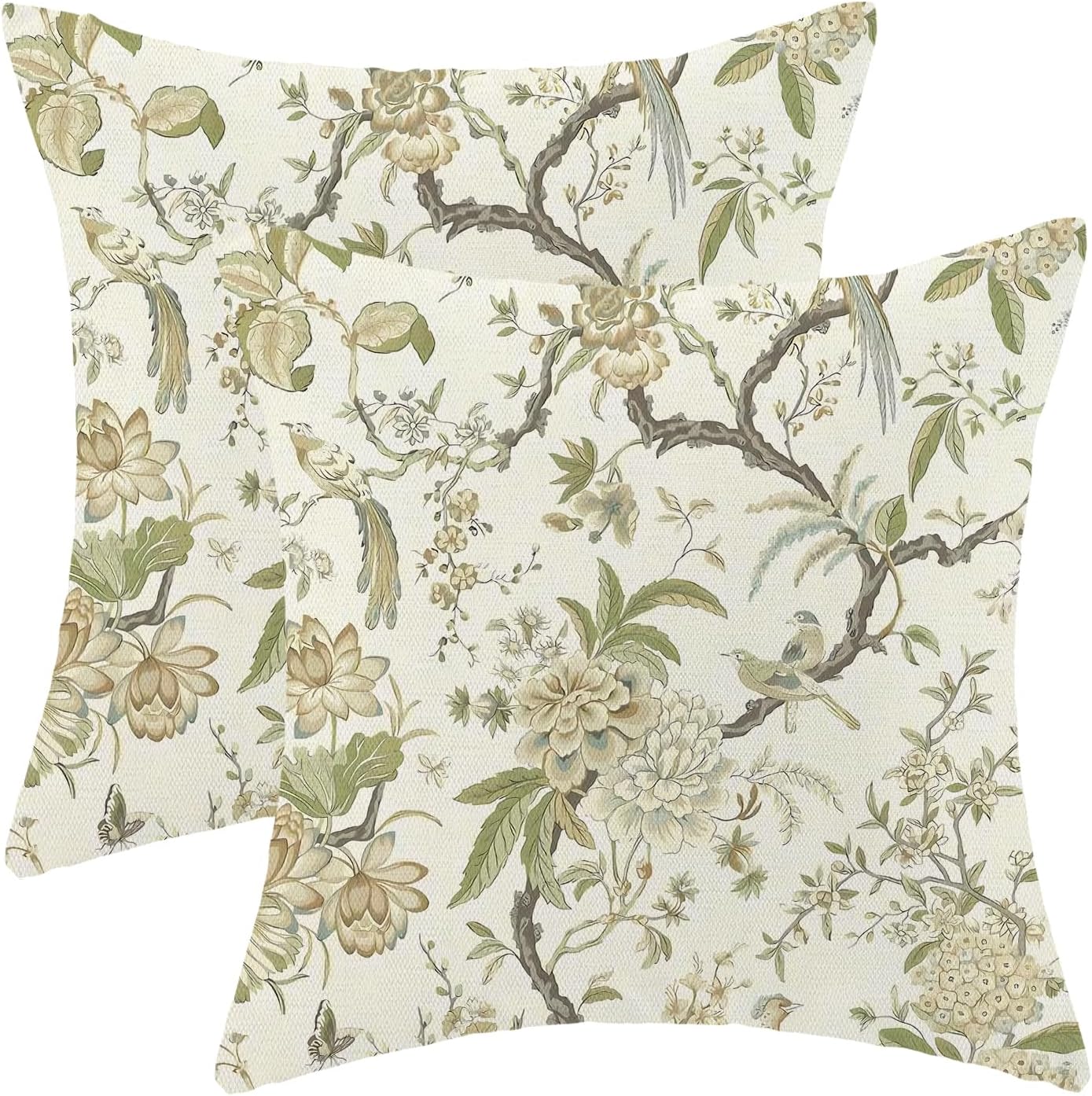 CXMEIFLY Spring Floral Birds Pillow Covers 16 x 16 Inch Set of 2 for Chinoiserie Flowers Decor Throw Pillows Sage Green Plant Outdoor Decorative Cushion Cases for Couch Bed Decorations