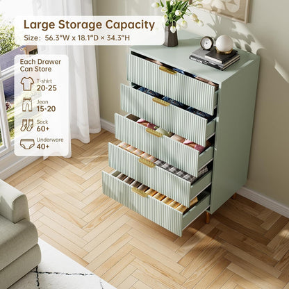 GAOMON 5 Drawer Dresser, Wood Chest of Drawers Organizer Storage with Gold Handle, Tall Storage Cabinet, Modern Design Dresser for Bedroom, Living Room, Closet, Hallway, Entryway, Green