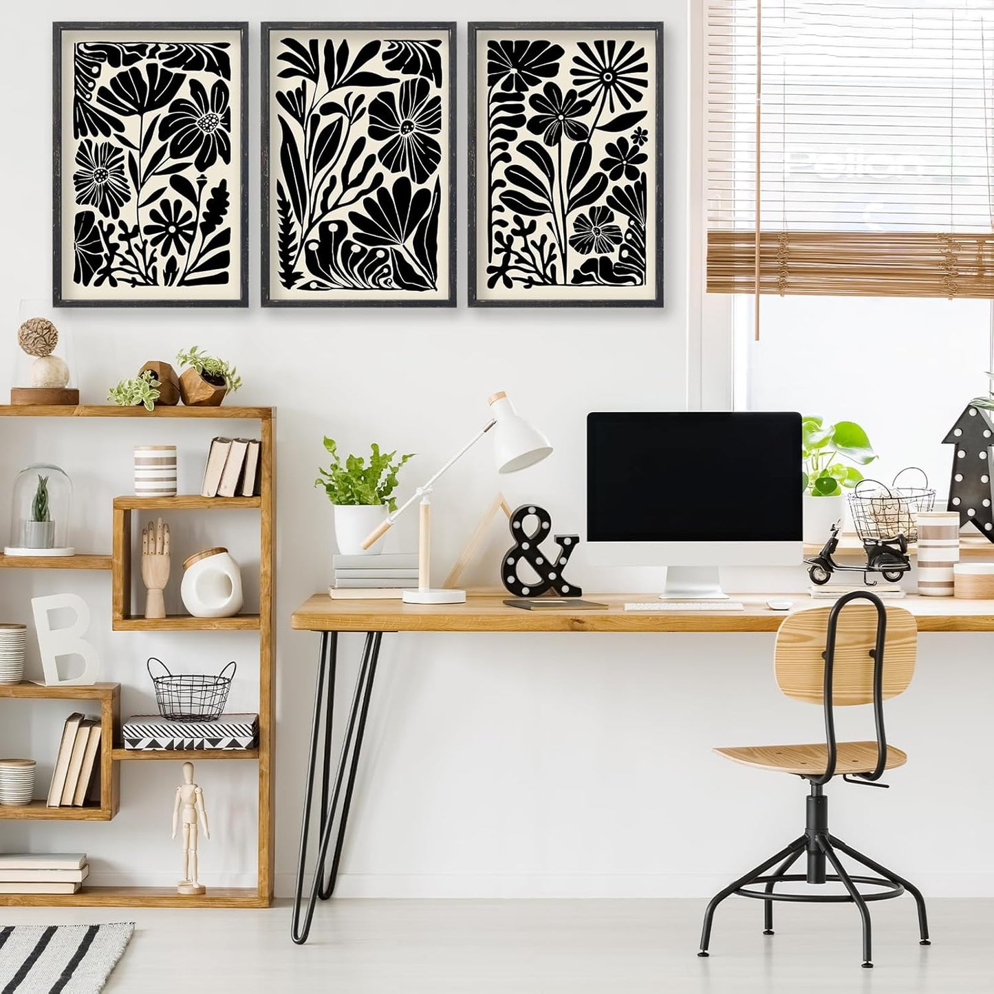Abstract Floral Botanical Wall Art 16x11 Inch 3 Piece Black Vintage Boho Plant Flower Minimalist Wood Frame Sign Home Living Room Family Office Mid Century Print Wall Hanging Decor (Black)