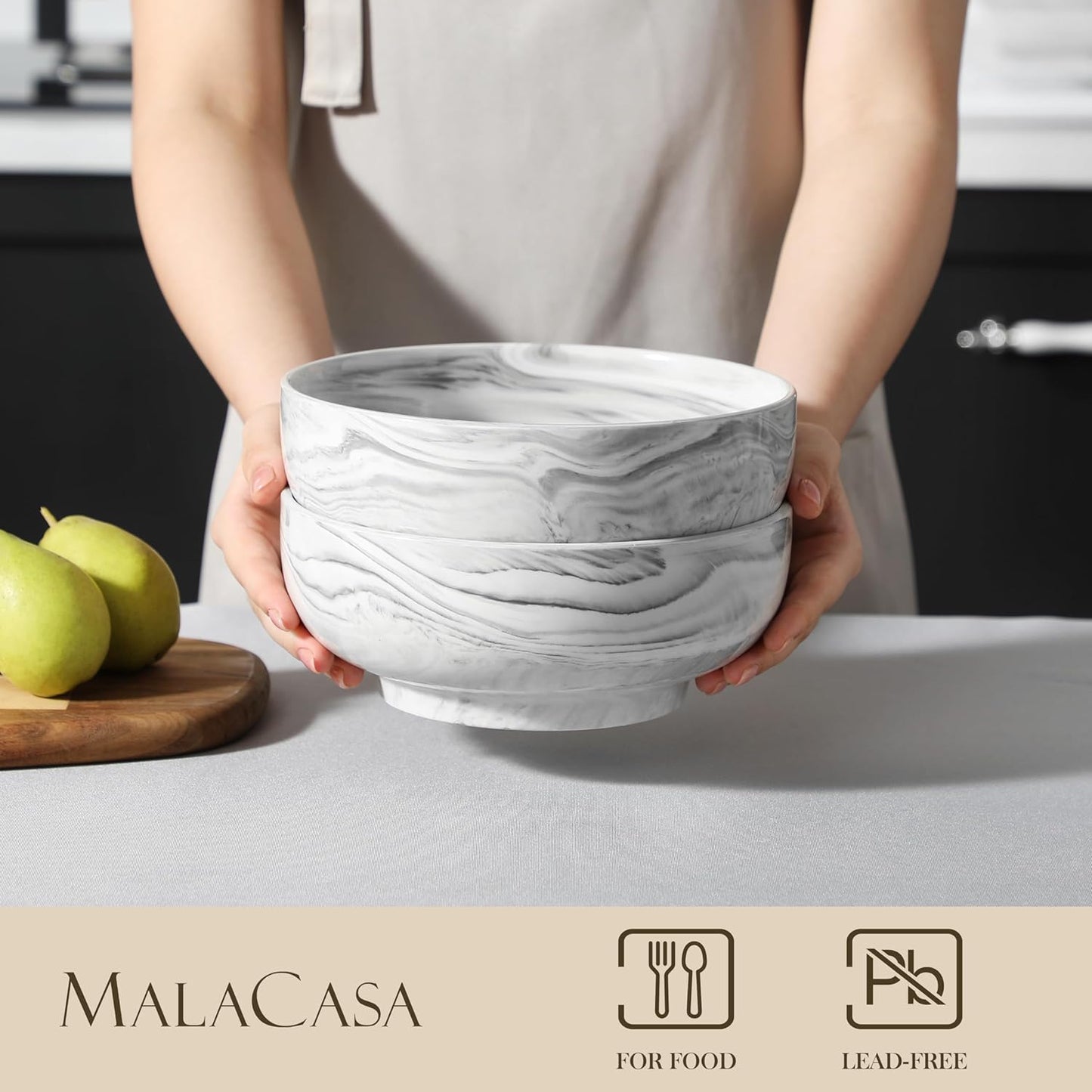 MALACASA Large Serving Bowls, 60 OZ (8'') Salad Bowls Set of 2, Ceramic Mixing Bowls for Kitchen, Serving Bowl for Soup, Pasta, Side Dishes and Entertaining, Marble Grey, Series REGULAR