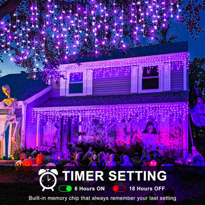 640 LED Purple Halloween Lights Outdoor, 66FT Icicle Lights for Outside with 8 Modes 120 Drops, Waterproof Plug in String Curtain Light for Indoor House Room Patio Party Decorations