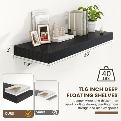 Deep Floating Shelves for Wall | 36 Inch Wide x 12 Inch Deep Black Floating Shelves | 36W x 12D Rustic Wood Wide Wall Shelves | Bookshelf Laundry Shelf TV Shelf