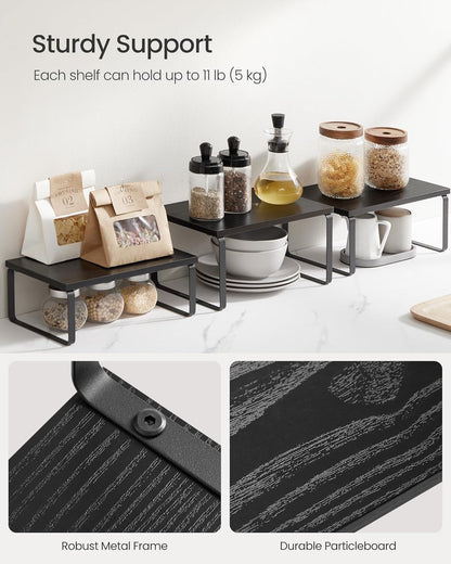 SONGMICS Cabinet Organizer Shelf, Set of 3 Kitchen Counter Shelves, Kitchen Storage, Spice Rack, Stackable, Expandable, Anthracite Gray and Matte Black UKCS220B01
