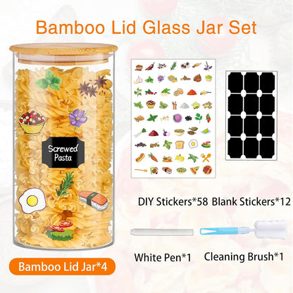 Glass Storage Jars 45 oz 4 Pcs Clear Glass Food Storage Containers with Airtight Bamboo Lid Stackable Kitchen Canisters for Candy, Cookie, Rice, Sugar, Flour, Pasta, Nuts
