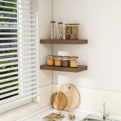RICHFOCUS 16Inch Floating Shelves for Wall 2 Pack Shelves for Bedroom|Kitchen|Bathroom Wall Mounted Rustic Wood Floating Shelf with Invisible Brackets for Books|Storage|Decor, Walnut