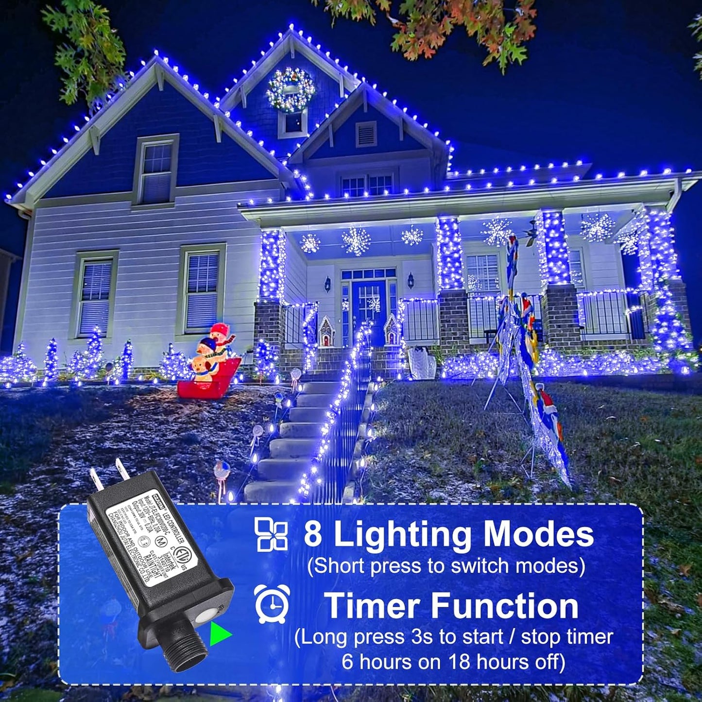 Christmas Lights Outdoor, 66FT 200 LED Christmas String Lights with 8 Modes Waterproof, Connectable Green Wire Twinkle Light for Tree Patio Garden Party Holiday Decorations, Blue