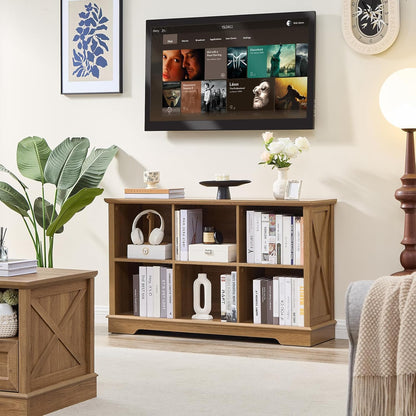 Farmhouse 6 Cube Bookshelf, Storage Organizer Bookcase, Kids Toy Storage Cabinet, Long Bookshelves Storage Organizer Shelf, Wood Display Cabinet Book Shelves for Bedroom,Living Room,Natural Oak