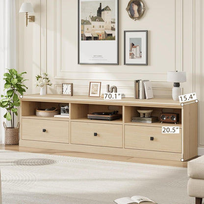 IDEALHOUSE 70in TV Stand for TVs up to 80", Mid Century Modern Entertainment Center with Storage Drawer and Open Shelves, TV Console Media Cabinet for Living Room, Bedroom (Light Oak)