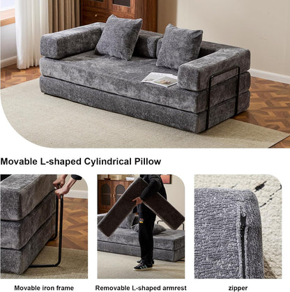 Convertible Sleeper Sofa Bed, Compression Folding Sofa with Pillow, No Assembly Required, Shape Frame, Floor Sofas Lounge Couch for Living Room, Bedroom, Small Spaces(Chenille, 77''W, Dark Grey)
