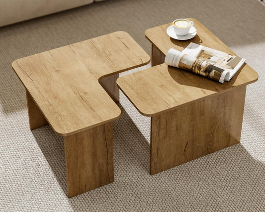 VESCASA Modern L Shaped Nesting Coffee Table Set of 2 Modular Rectangle Walnut Wood Table for