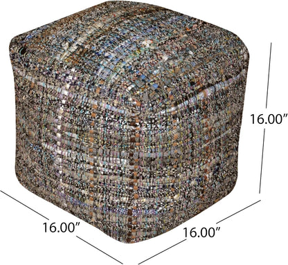 GDFStudio Boho Handmade Fabric Cube Pouf Ottoman Foot Stool - Bean Bag Floor Chair - Foot Rest Couch for Living Room Bedroom Khaki,16" x 16" x 16"