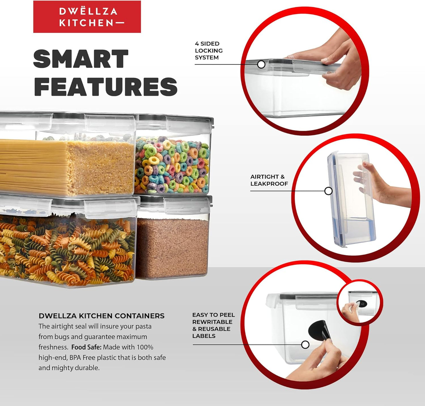 Large Airtight Food Storage Containers with Lids Set of 4 3.2L - 102 fl. oz Pasta storage Containers, BPA Free Plastic Spaghetti container - Air Tight Canisters for Kitchen Pantry Organization