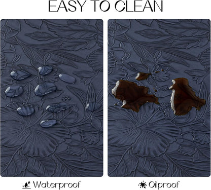 Romanstile Vinyl Placemats Set of 8-12 X 18 Inch - Heat Resistant Non-Slip Embossed Floral Place Mats 100% Waterproof Oilproof Wipeable Faux Leather Table Mats for Kitchen/Dining/Party, Navy Blue