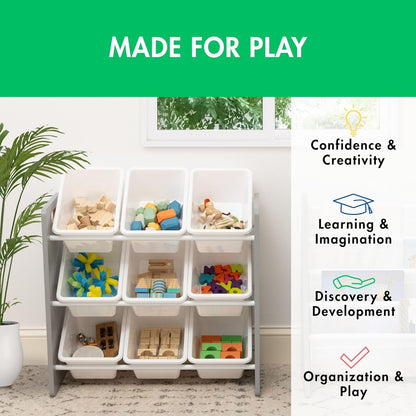 Humble Crew 9-Bin Toy Organizer – Inspire Grey with White Plastic Bins, 3-Tier Storage Solution for Kids' Playrooms and Nurseries