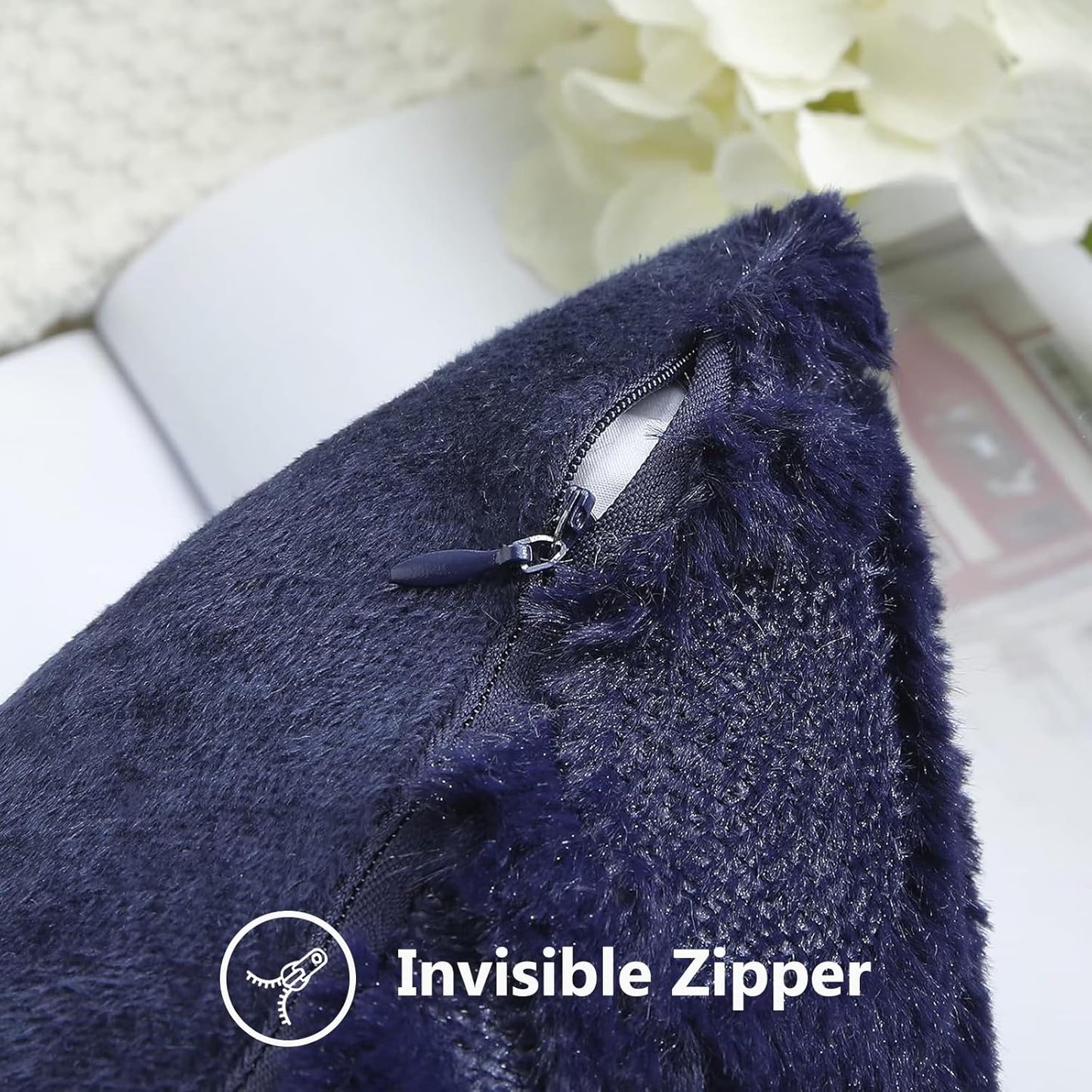 decorUhome Fall Throw Pillow Covers 22x22 Inch Set of 2, Soft Plush Decorative Faux Fur Navy Blue Solid Couch Pillow Covers, Accent Farmhouse Neutral Square Euro Pillow Cases for Sofa Bed Living Room