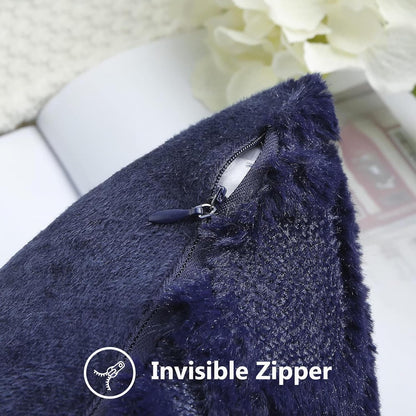 decorUhome Fall Throw Pillow Covers 18x18 Inch Set of 2, Soft Plush Decorative Faux Fur Navy Blue Solid Couch Pillow Covers, Accent Farmhouse Neutral Square Euro Pillow Cases for Sofa Bed Living Room