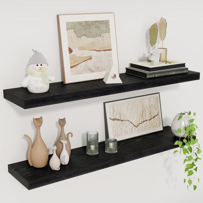 Fun Memories Floating Shelves for Wall, 30" Rustic Wood Deep Wall Mounted Shelves with Invisible Brackets for Decor & Storage, Floating Shelf for Living Room, Bathroom (Black, Set of 2)