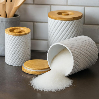 Ceramic Canister Set for Kitchen Countertop & Pantry – 3 Airtight Food Storage Containers for Flour, Sugar & More – Durable White Ceramic with Bamboo Lids
