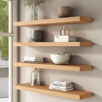 Floating Shelves for Wall, USA-Sourced Oak Wood 24 Inch Wall Shelves Set of 2, Natural Wooden Wall Mounted Picture Ledge Shelf, Nursery Book Storage Shelf Kids Bookshelf, Display Shelf for Bathroom