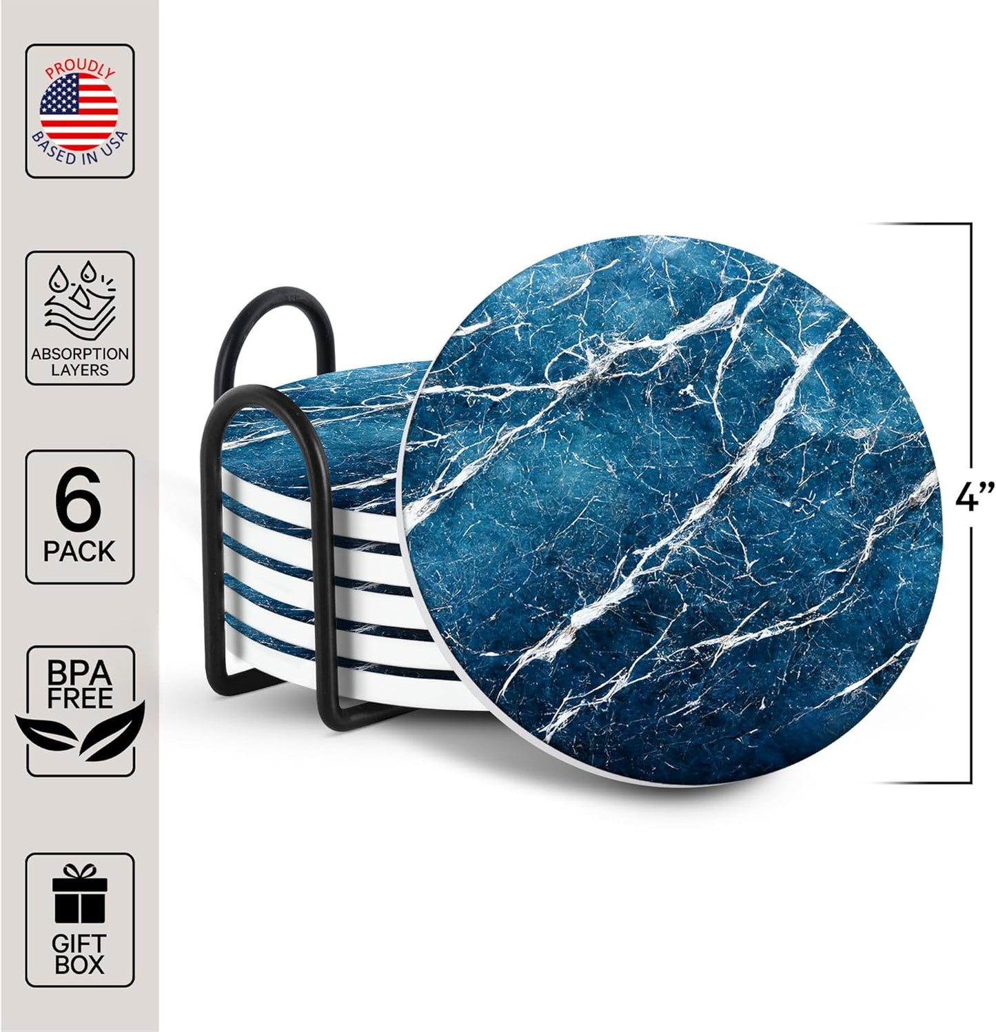 Emerson Coasters for Drinks Absorbent – Dining Table Set of 6 with Holder, 100% Ceramic Wooden Tabletop Protection Marble Style - Non-Slip & Cork Bottom - Heavy Duty (Blue Streak)