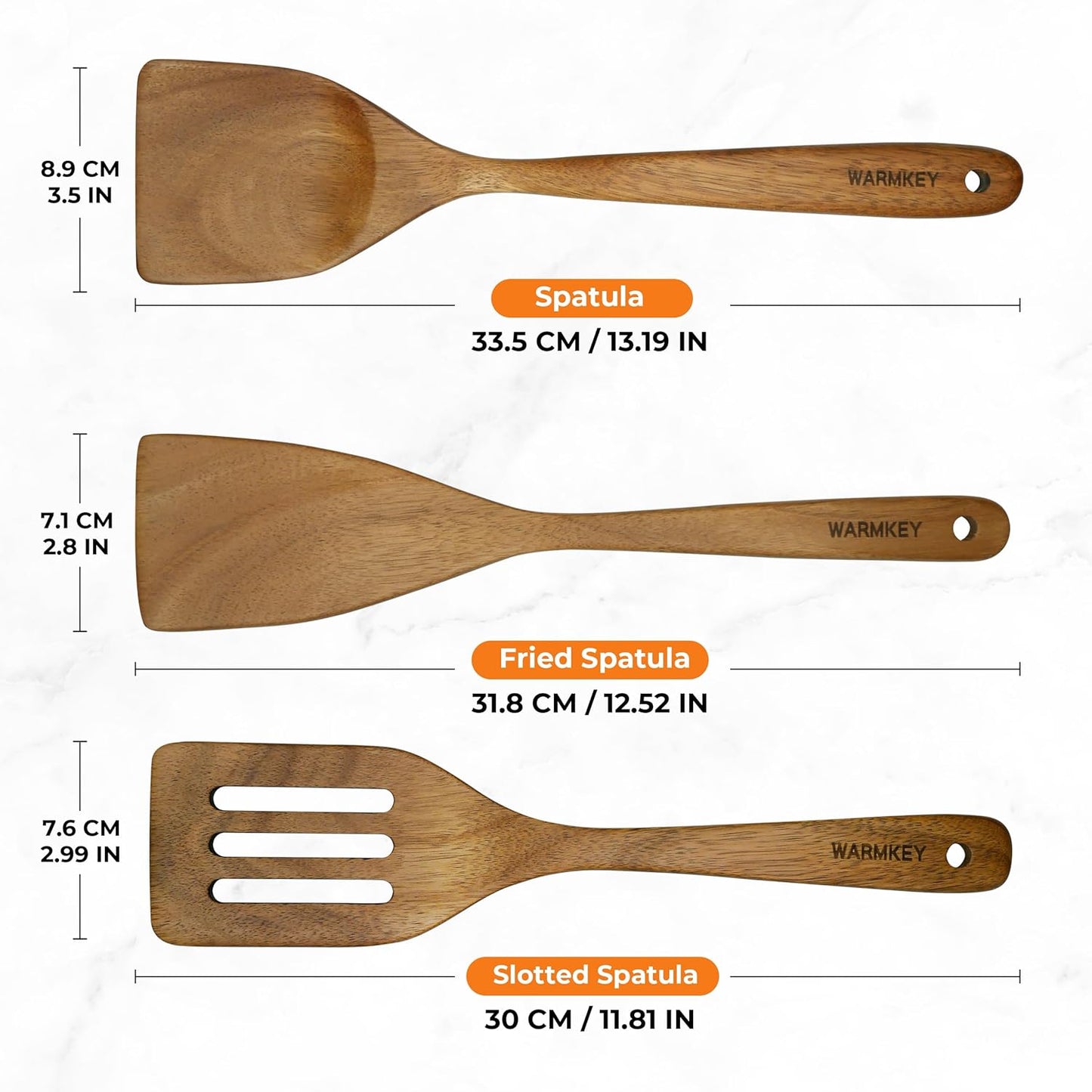 Acacia Wood Spatula Set of 3 - Natural Wooden Cooking Utensils for Nonstick Pans, Scratch-Proof & Heat Resistant, Sturdy & Lightweight Kitchen Tools with Hanging Holes