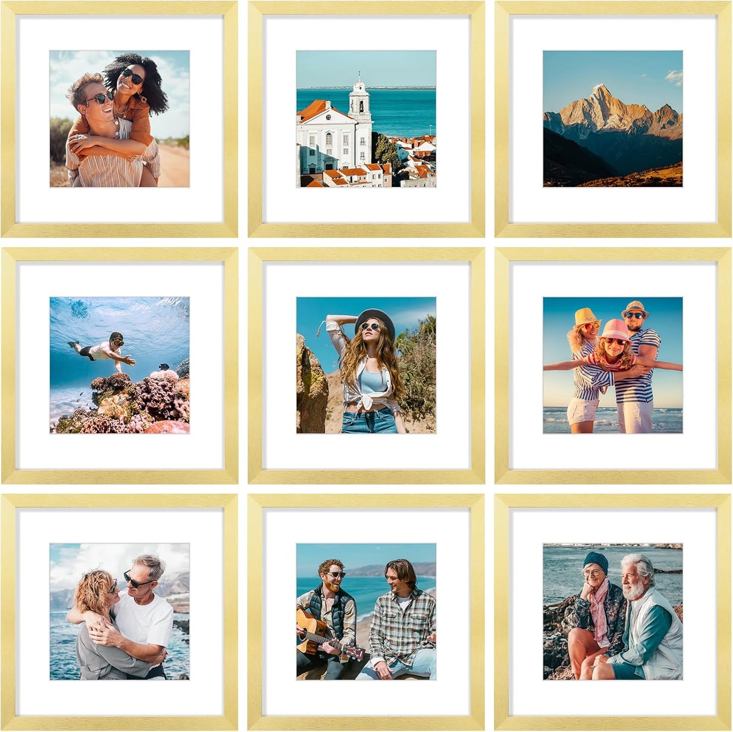 Vittanly 12x12 Picture Frames Set of 9, Shatter Resistant Plexiglass, Display 8x8 Pictures with Mat or 12x12 without Mat, Photo Frames for Wall Mount, Engineered Wood, Gold