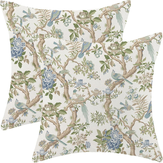 CXMEIFLY Chinoiserie Spring Pillow Covers 22 x 22 Inch Set of 2 for Blue Sage Green Vintage Flowers Bird Decor Throw Pillows Plant Farmhouse Outdoor Decorative Cushion Cases for Couch Bed Decorations