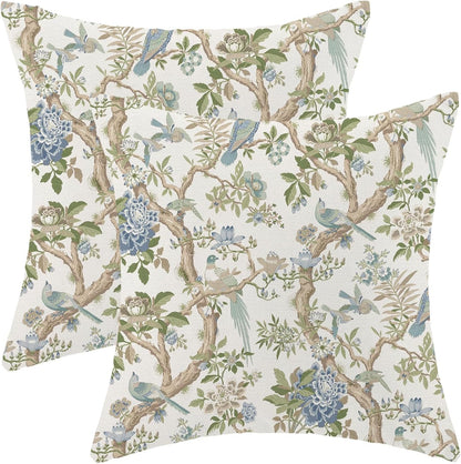 CXMEIFLY Chinoiserie Spring Pillow Covers 18 x 18 Inch Set of 2 for Blue Sage Green Vintage Flowers Bird Decor Throw Pillows Plant Farmhouse Outdoor Decorative Cushion Cases for Couch Bed Decorations