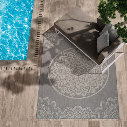 CAMILSON Outdoor Rug 9x12 Modern Area Rugs for Large Indoor and Outdoor Patios and Porches - Waterproof Washable Non-Shedding Easy-to-Clean Outside Carpet (9 x 12, Medallion - Grey/White)
