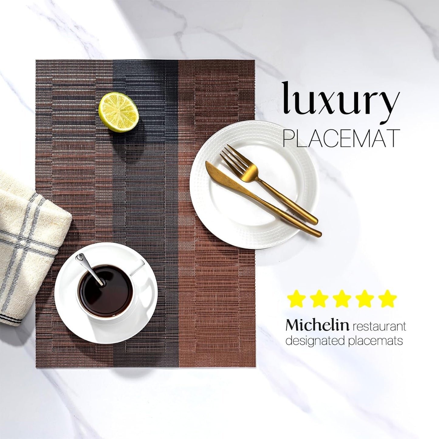 LEXMORE Placemats Set of 8 Vinyl/Plastic Woven Place Mats for Kitchen Table Indoor/Outdoor Washable Placemat Wipeable Dining Table Mats(Ombre Brown Black)