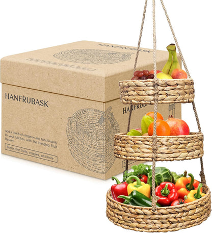Generic HANFRUBASK - Hanging Fruit Basket Set of 3, Woven Water Hyacinth, Round, Beige, Rustic, Kitchen Storage & Organization