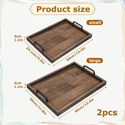 2 Pcs Rustic Wooden Serving Trays with Handle Decorative Nested Vintage Wood Serving Tray Stylish Farmhouse Decor Servings Platters for Eating, Breakfast(Large 15.8x11.8x1.2 in, Small 13.4x9.4x1.2 in)