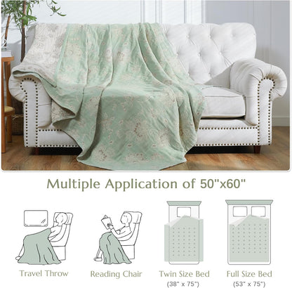 jinchan Boho 100% Cotton Muslin Twin Size 50x60 Inches Blanket Lightweight 4-Layer Quilted Soft Green and Beige Floral Throw Blanket Reversible Comfy Flower Breathable All Seasons Couch Bedroom Decor