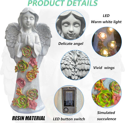 Angel Solar Garden Outdoor Statues with Succulent Plants and 6 LED Lights– Outside Solar Garden Decor Figurines -Remembrance & Sympathy Gifts Decorations