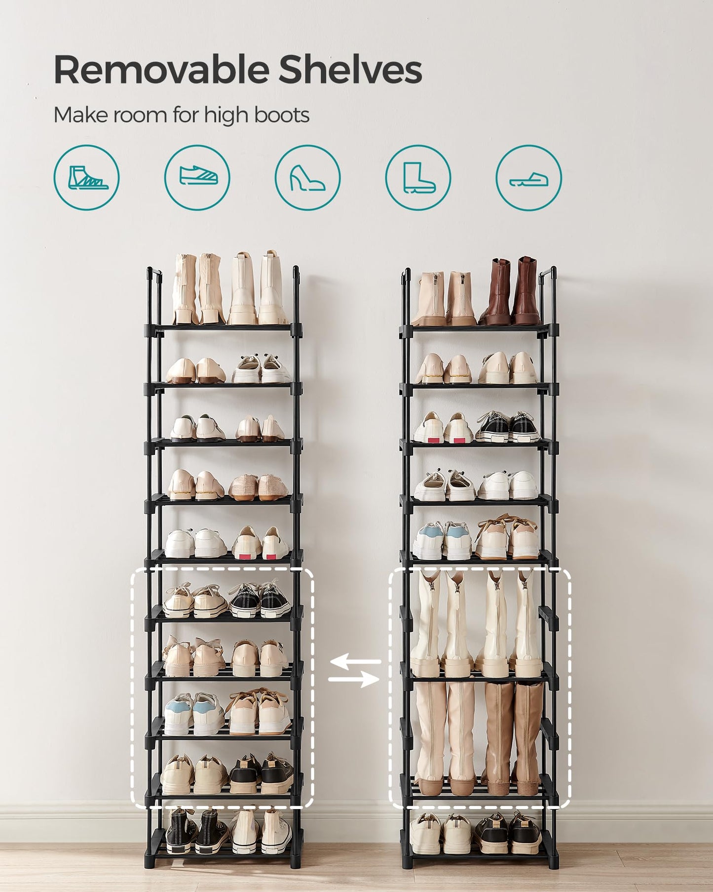 SONGMICS Shoe Rack, 10-Tier Shoe Organizer, Metal Storage Shelf, Upright or Upside Down, for 11-22