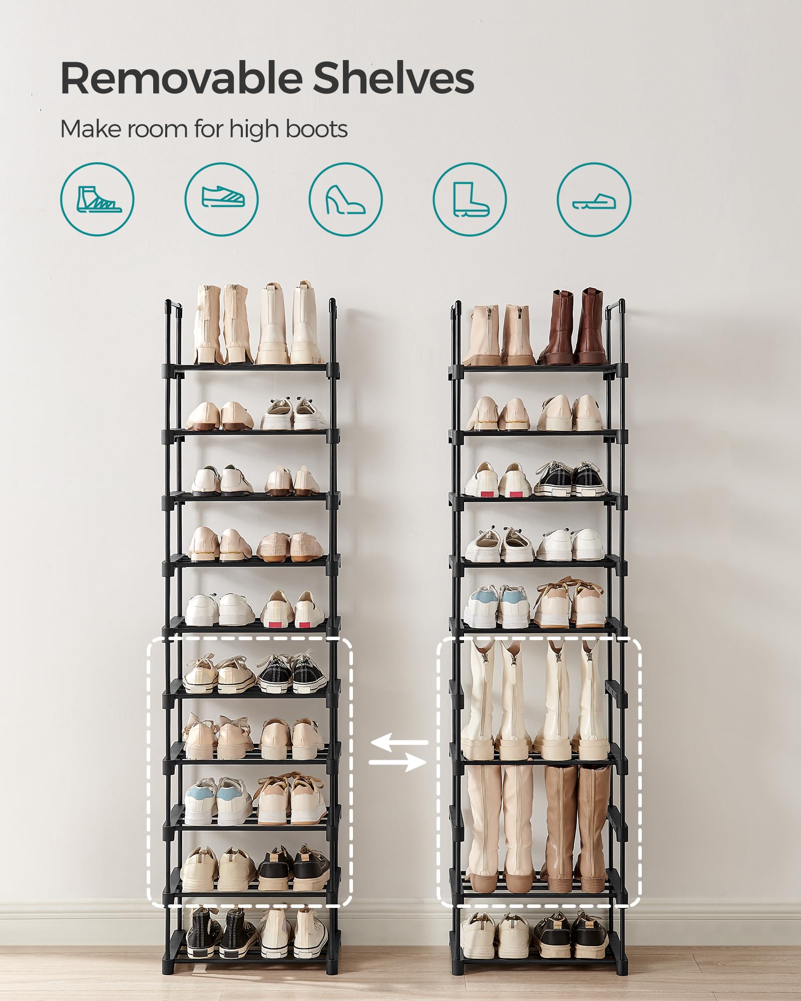 SONGMICS Shoe Rack, 10-Tier Shoe Organizer, Metal Storage Shelf, Upright or Upside Down, for 11-22