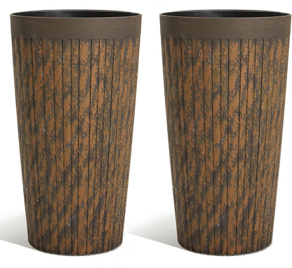 Worth Garden 22.5" H. Plastic Planters - Set of 2 Vintage Brown Tall Conical Plant Pots for Indoor Outdoor Use - Decorative Lightweight Flower Pots for Front Porch, Patio, Deck - 12.5" Dia x 22.5" H
