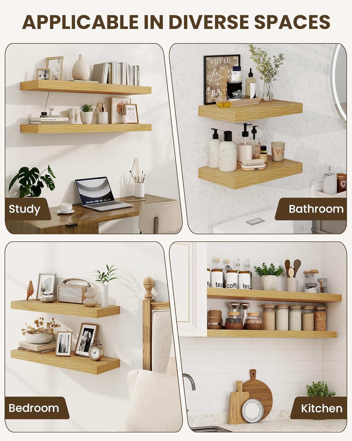 Marsmiles 55" Floating Shelves for Wall, Wooden Shelves with Invisible Brackets Set of 2, Rustic Farmhouse Wall Mounted Shelf for Kitchen Bathroom Living Room Study, Natural Oak