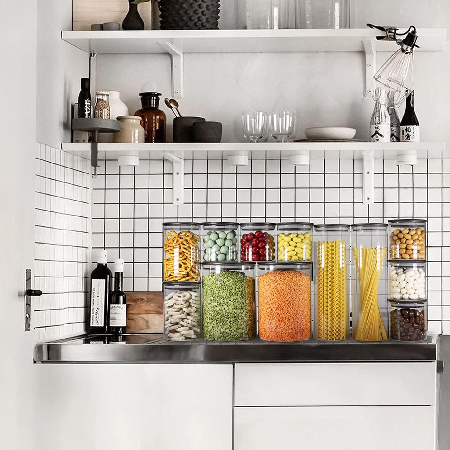 Urban Green Glass Jars with Airtight Black Lids, Food Storage Container with Airtight Lids, Glass Canisters Sets, Kitchen Food Storage Containers (6 Sets of 20oz)