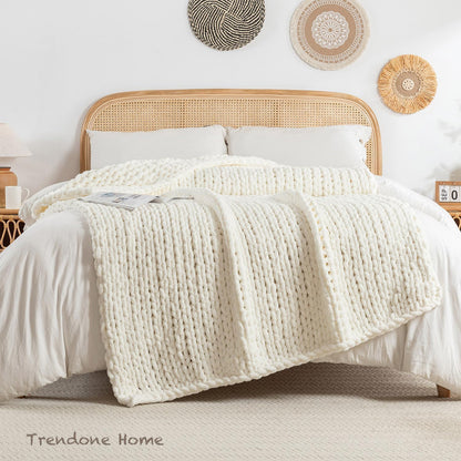 Chunky Knit Blanket Throw, 100% Hand Knit Throw Blanket Handmade Chenille Cable Knit Throw for Couch, Stylish Cozy Soft Rope Knot Crochet Blanket for Home Decor, Ivory, 50x60 Inches