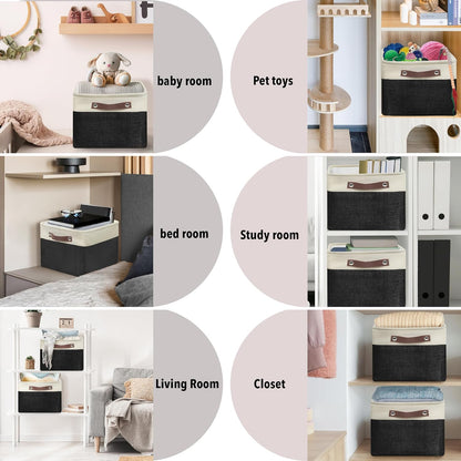 SIMPLE HOUSEWARE Large Fabric Storage Bin, 15" x 11" with Leather Like Handles, 3 Pack, Black