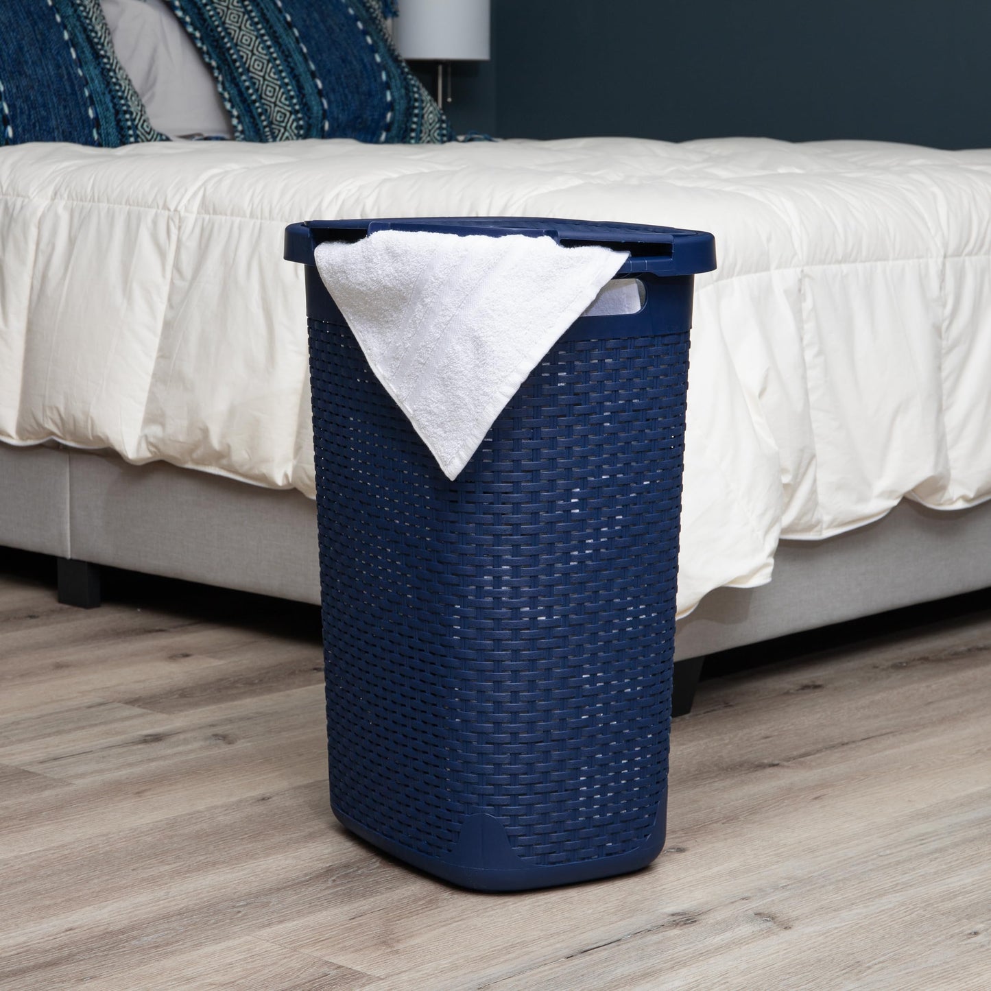 Mind Reader Slim Laundry Hamper with Lid, 60L Tall Clothes Basket, Narrow Tapered Design for